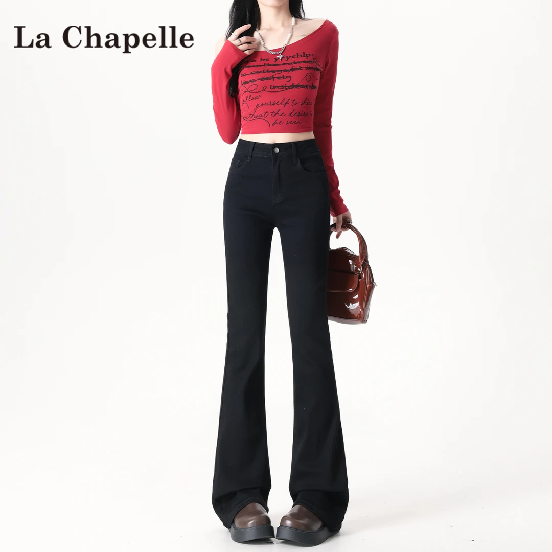 拉夏贝尔加绒微喇牛仔裤女秋冬2025爆款高腰弹力显瘦马蹄喇叭裤子