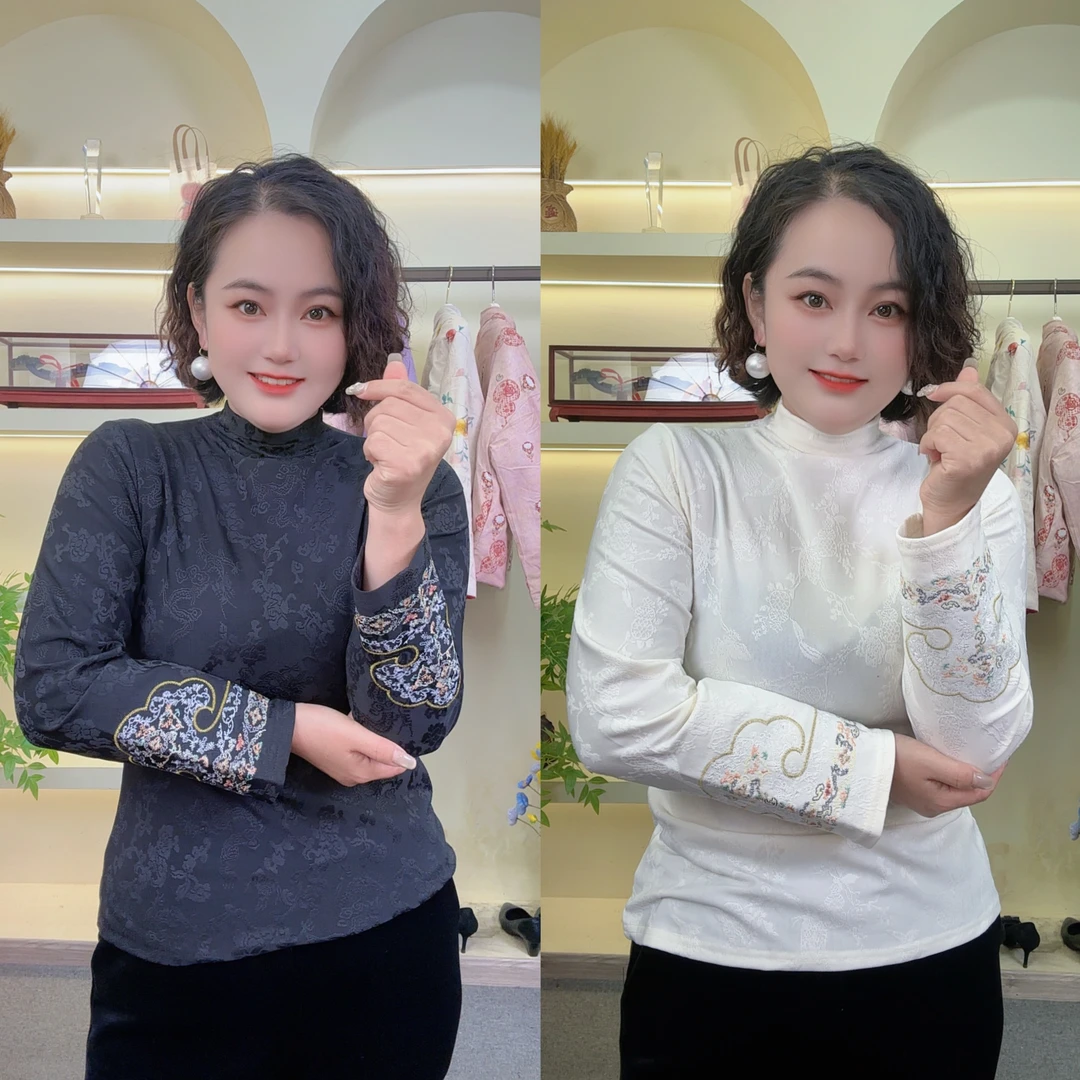 冬季新款半高领时尚百搭洋气显瘦刺绣内搭打底衫