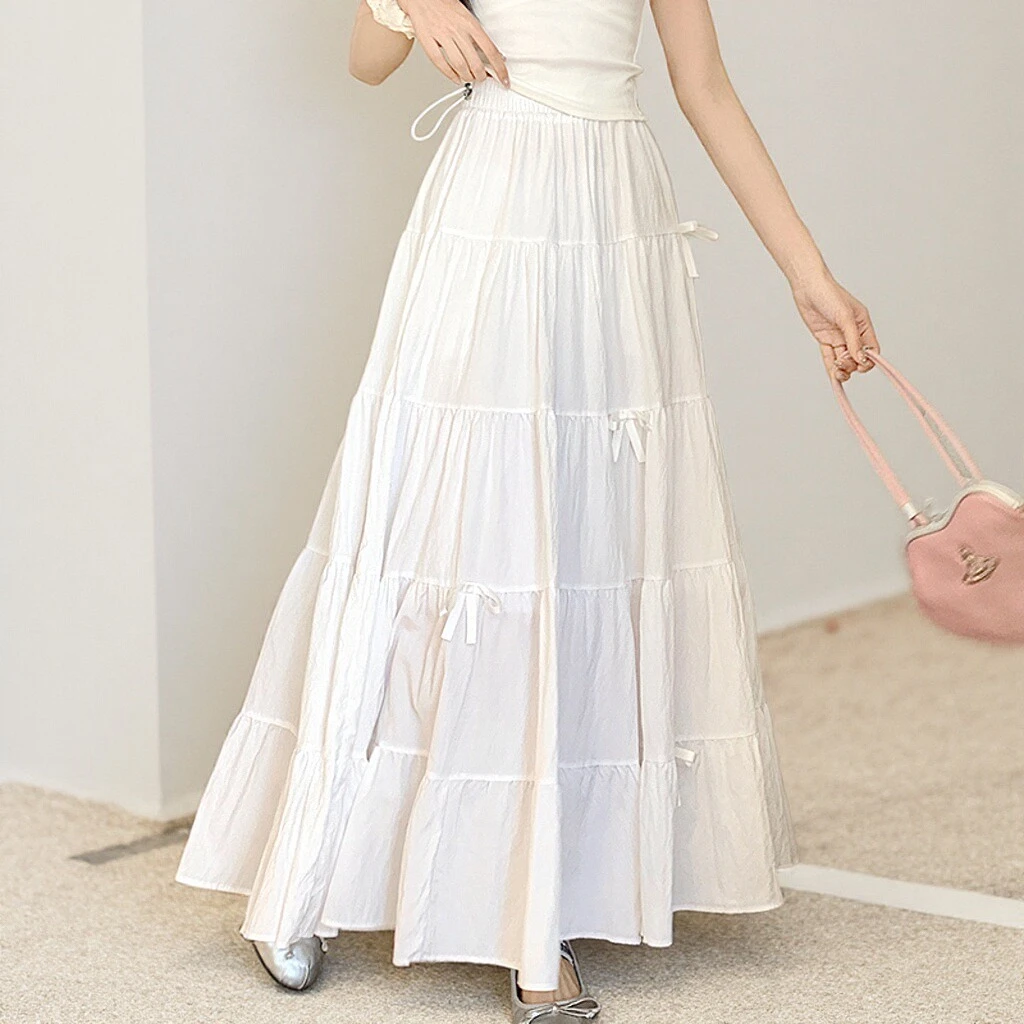 孕妇装夏季甜美蝴蝶结白色蛋糕裙小个子高腰大摆裙半身裙伞裙长裙