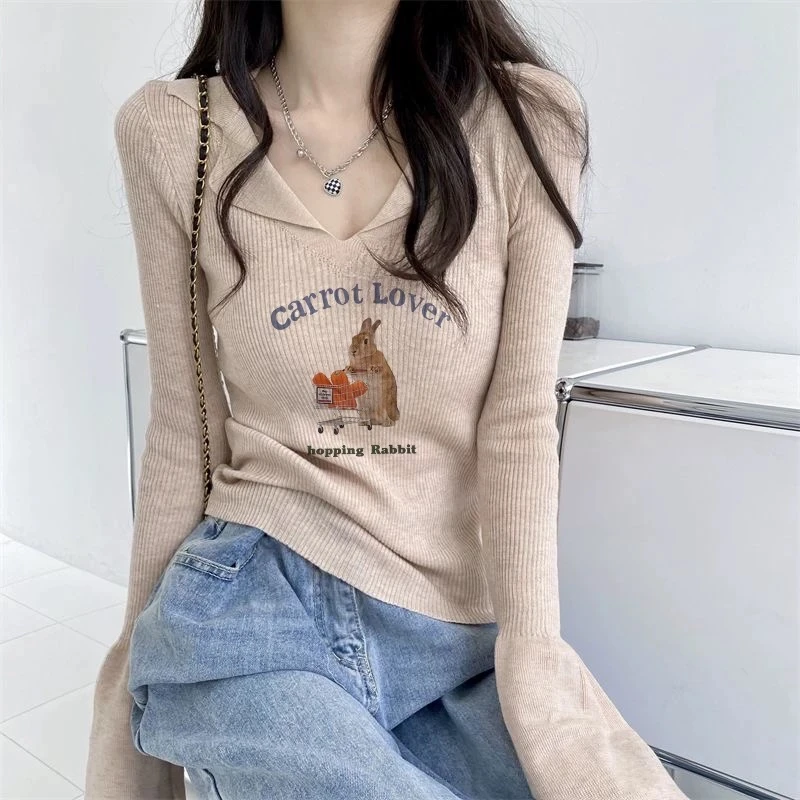 修身polo领长袖软糯针织打底衫设计感显瘦