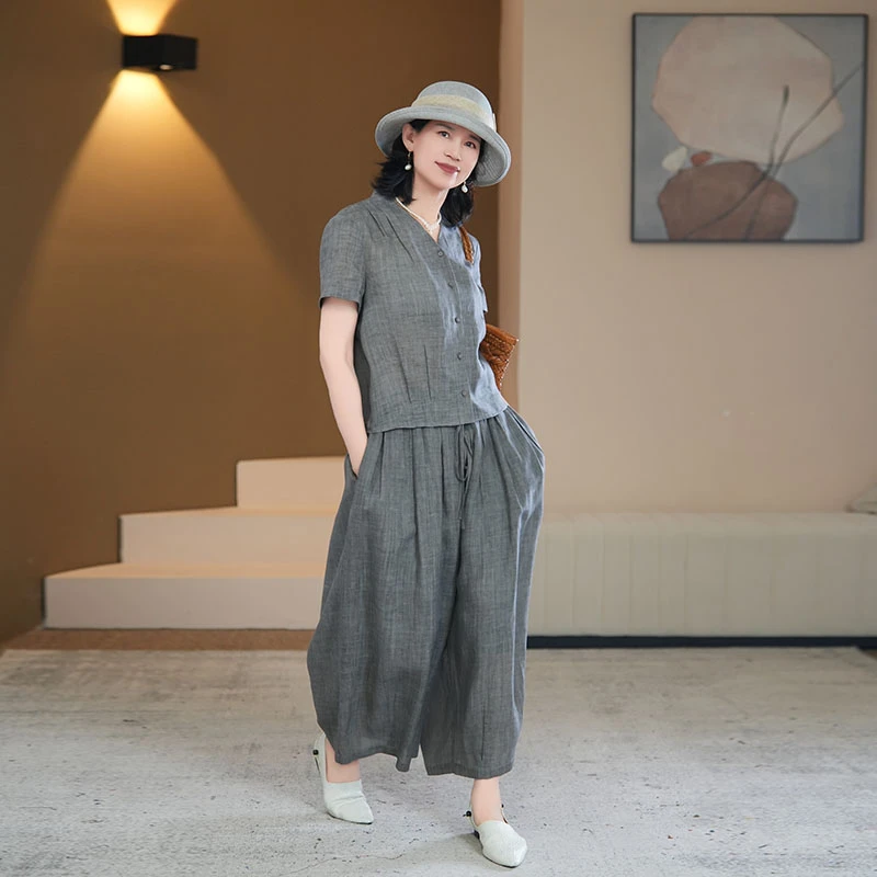 【芙澜卡尔】V领气质款短袖套装纽扣上衣衬衣夏款时尚中老年女装