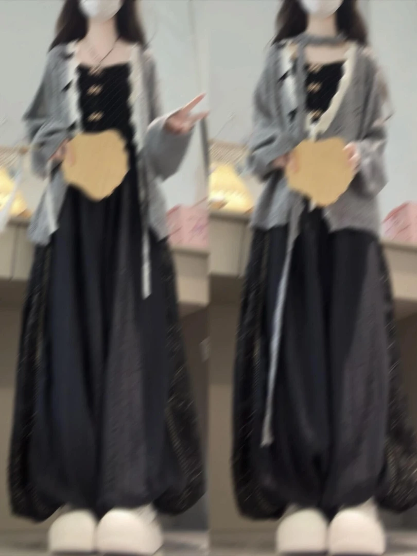 2025秋季新款新中式轻国风波点内搭针织开衫阔腿裤气质三件套装女