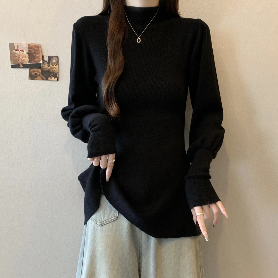 半高领针织打底衫毛衣内搭秋冬季大码女装胖mm收腰显瘦灯笼袖上衣