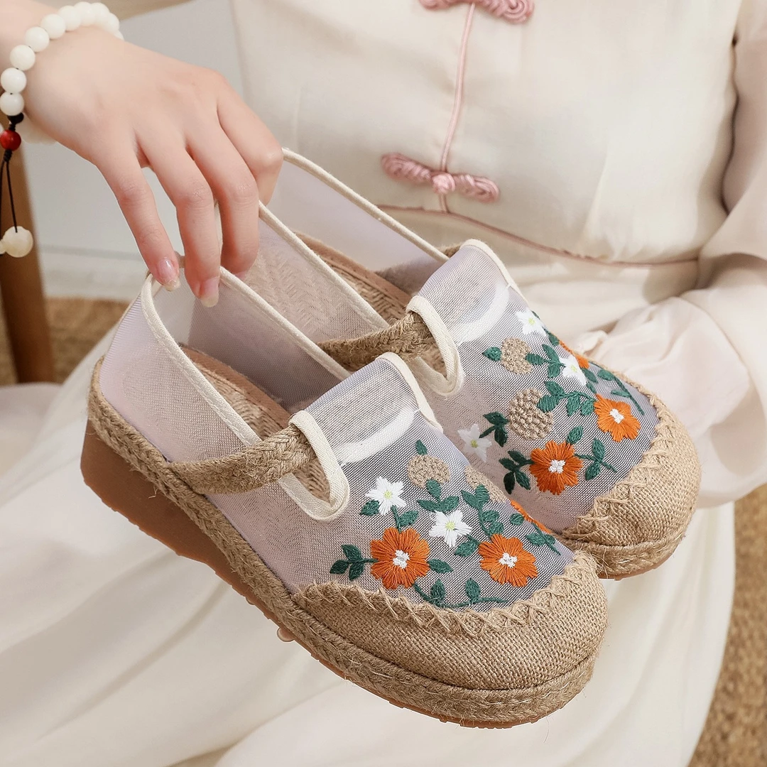 夏季新绣花拖鞋民族风老北京布鞋女古风5厘米透气北京老布鞋女款