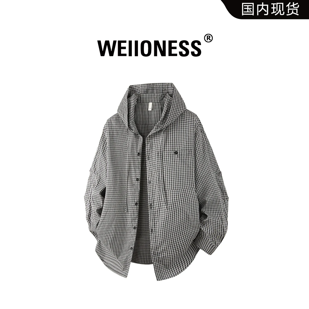 WEIIONESS格子长袖衬衫男春秋季时尚休闲连帽外套男生高级感上衣
