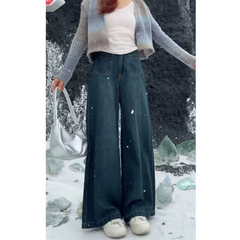大码加绒加厚牛仔裤女冬季胖mm梨形身材宽松高腰显瘦直筒阔腿裤子