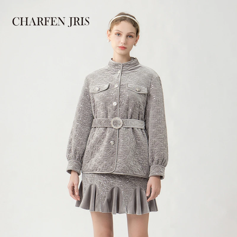 【蜜思仝】朝峰冬季新款气质收腰丝绒绣花中长款棉服FJE5D635-6055O