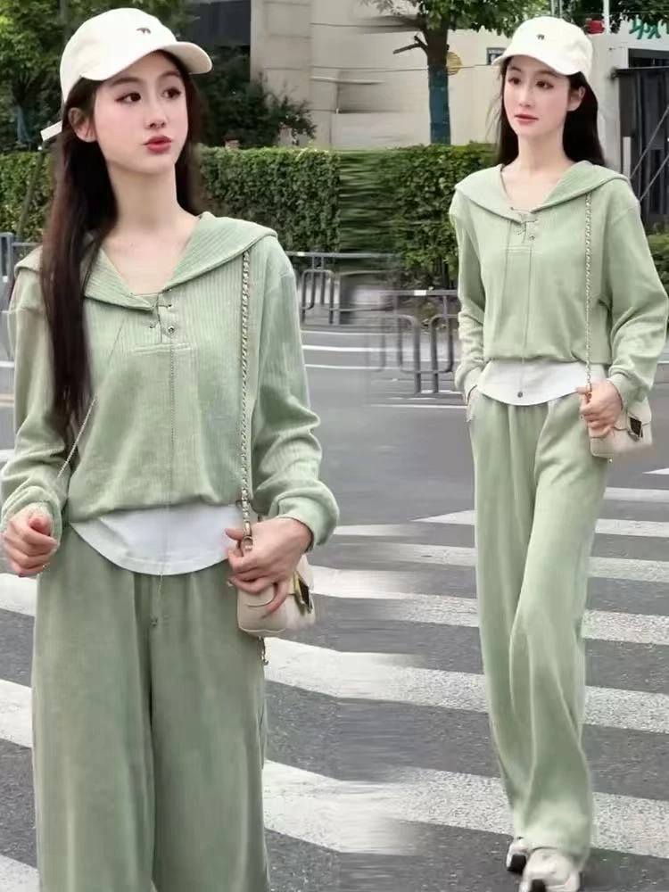 慵懒风时尚气质套装女春秋季新款休闲宽松百搭街头个性拼接两件套