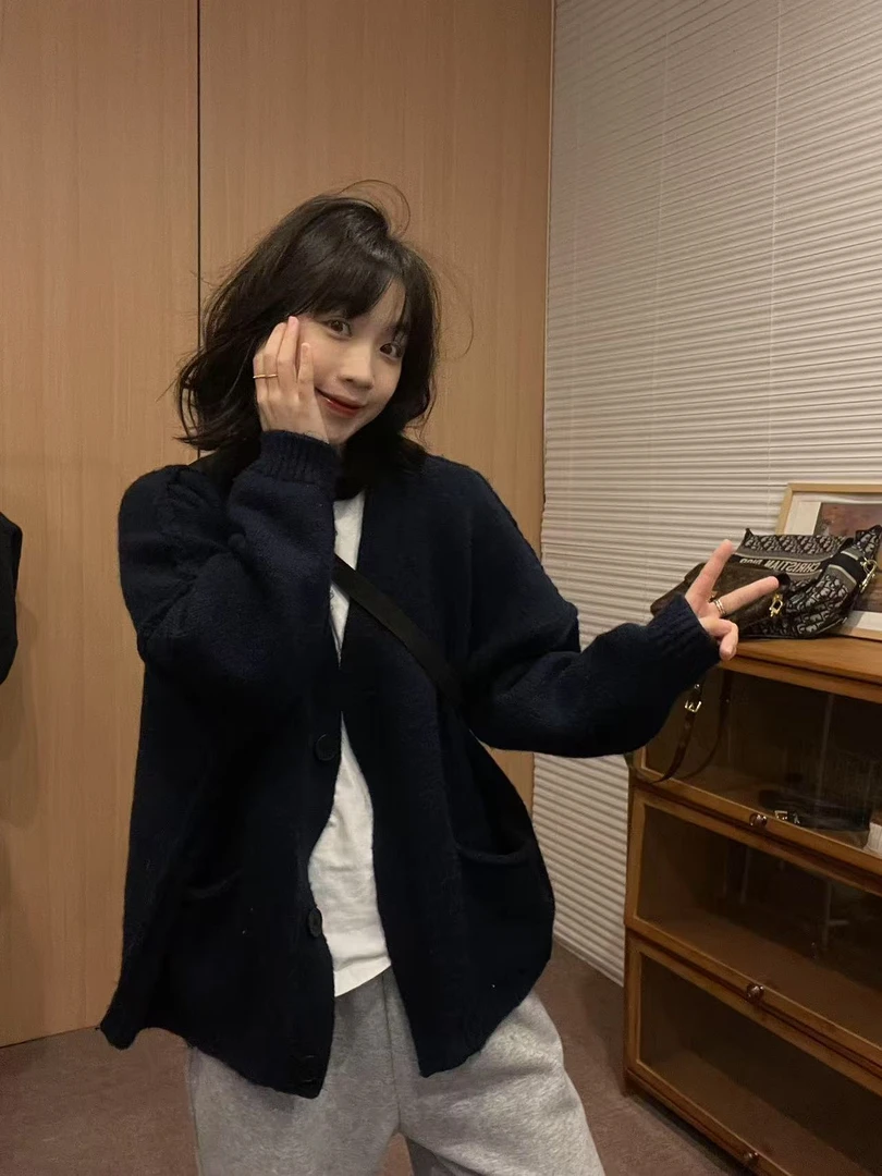 Sevbasks 七七家韩版  深青色软糯宽松加厚休闲复古慵懒风大开衫