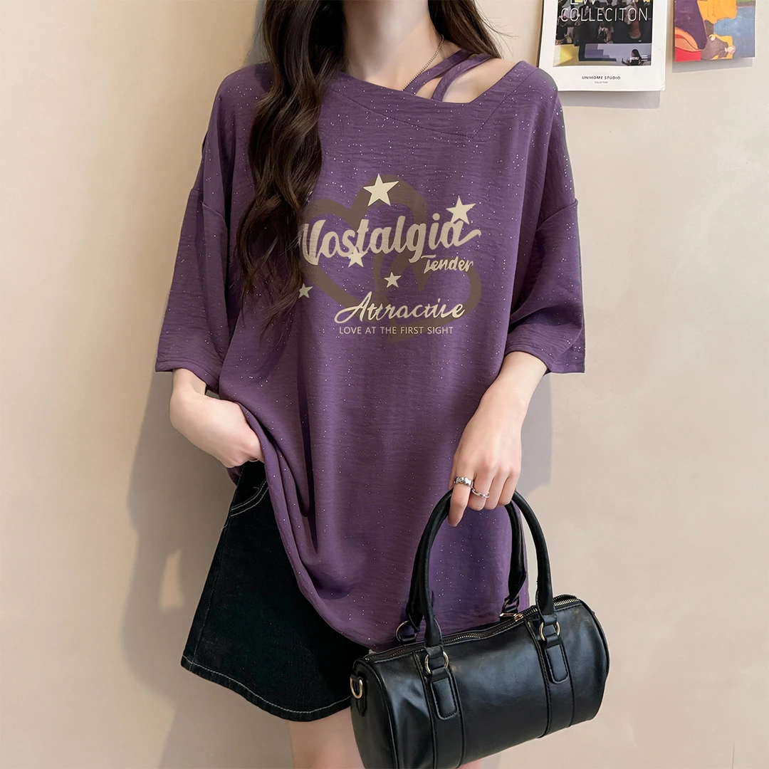 亮闪闪短袖T恤女夏季爆款韩版时尚宽松百搭中长款斜领小心机上衣