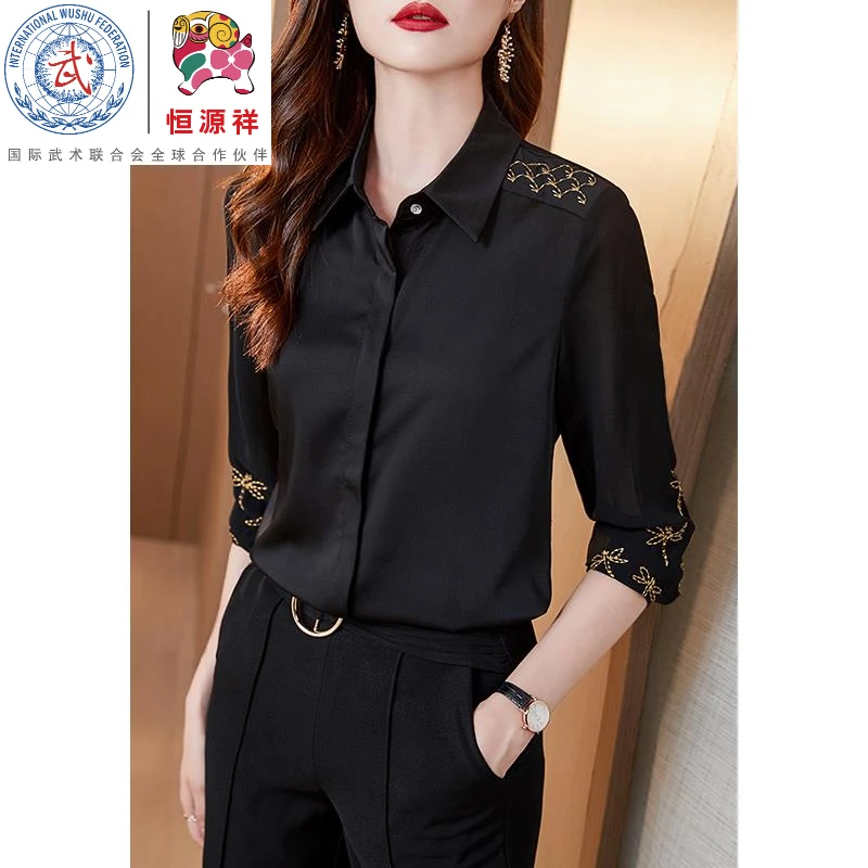 恒源祥彩羊高端醋酸缎面黑色衬衫女士长袖新款2024年春秋季垂感洋