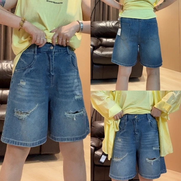 8103#破洞休闲高腰五分深蓝色直筒宽松显瘦牛仔短裤（卡码拍大）