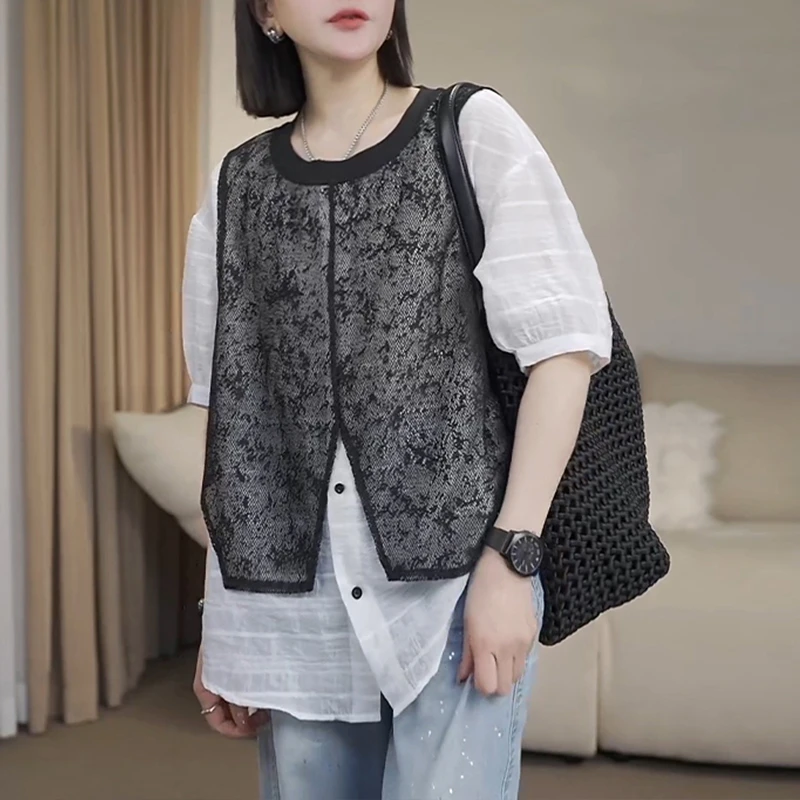 大码女装时尚休闲假两件衬衫春夏新款圆领拼接蕾丝宽松遮肉上衣