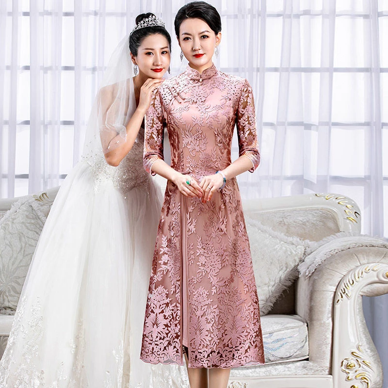 喜婆婆婚宴装新款秋改良旗袍连衣裙年轻妈妈礼服蕾丝刺绣日常婚庆