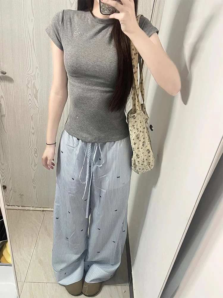 蓝色蝴蝶结刺绣条纹长裤休闲裤女夏季高腰宽松直筒裤拖地裤阔腿裤