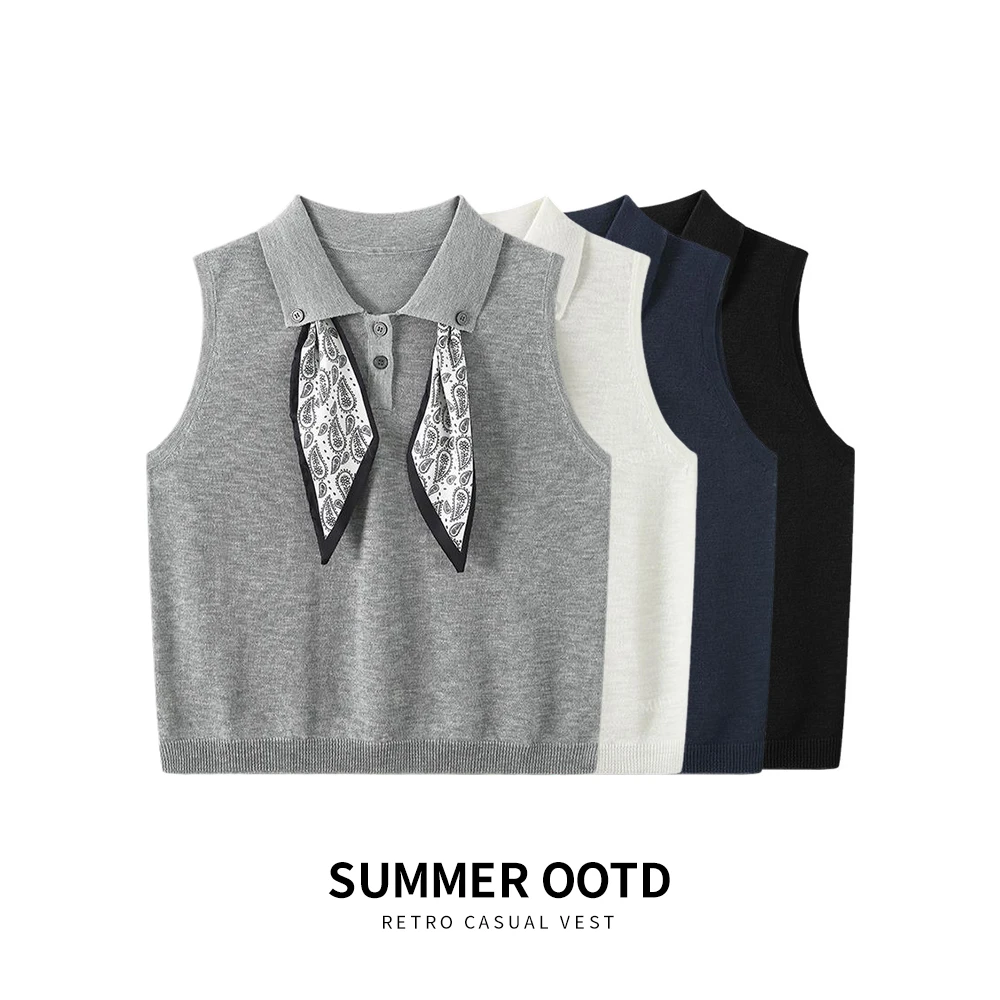 【送丝巾】设计感韩版百搭修身显瘦T恤女时尚翻领针织无袖上衣L525