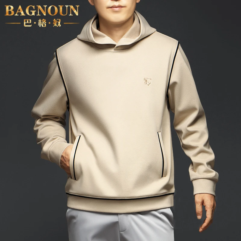 巴格奴卫衣男士秋冬季新款时尚高端连帽加厚刺绣简约中年潮流上衣