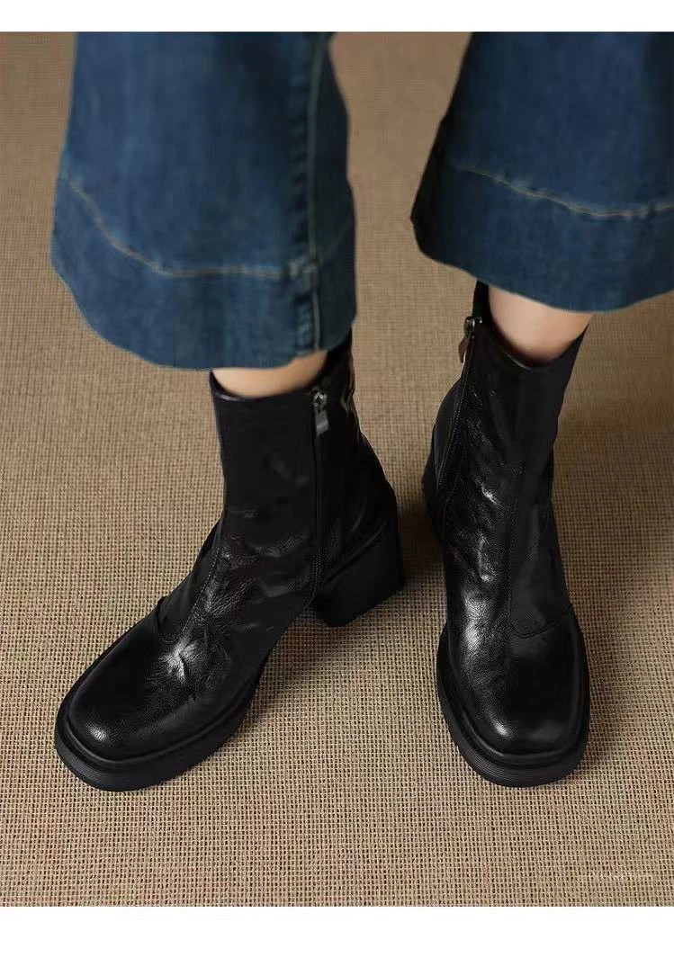 暴走不累脚25秋冬高跟方头羊皮短靴女百搭通勤粗跟马丁靴瘦瘦靴女