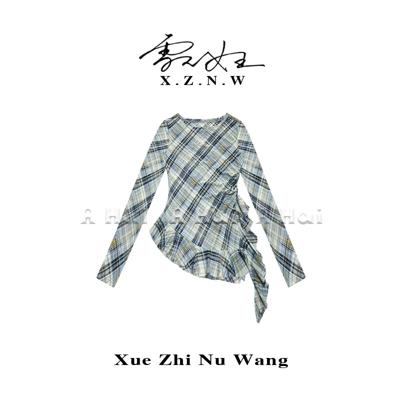 A Hai【格舞荷漪】夏季优雅荷叶边格纹网纱T恤女时尚减龄修身罩衫