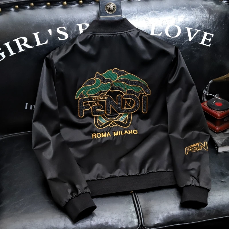 普卡夕赫立领夹克男春秋欧货潮流ins时尚亮片刺绣外套休闲棒球服