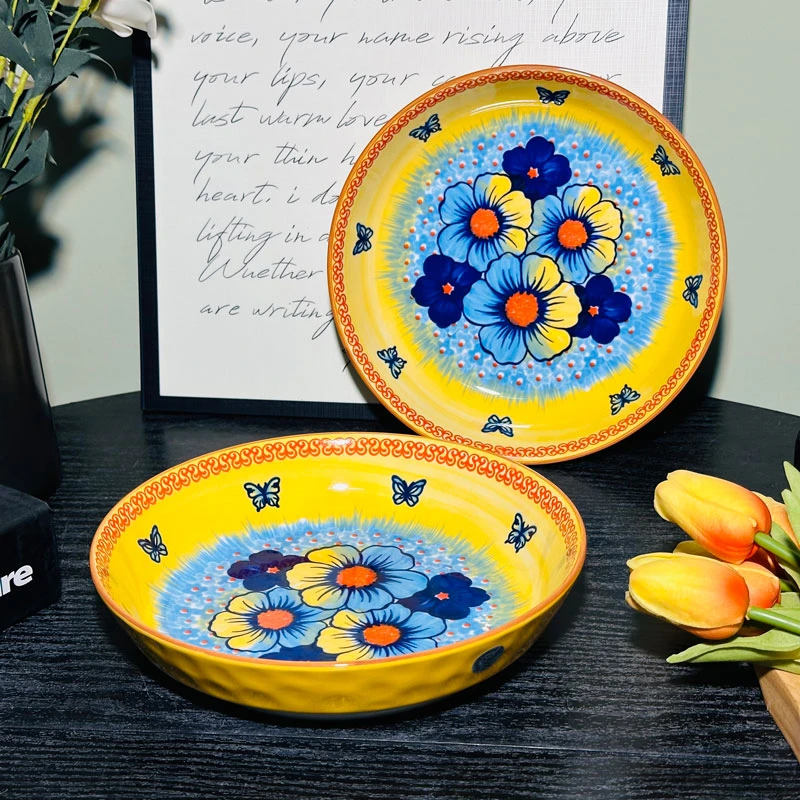 国潮手绘浮雕盘子ins高颜值家用陶瓷菜盘大容量盘釉下彩陶瓷餐具