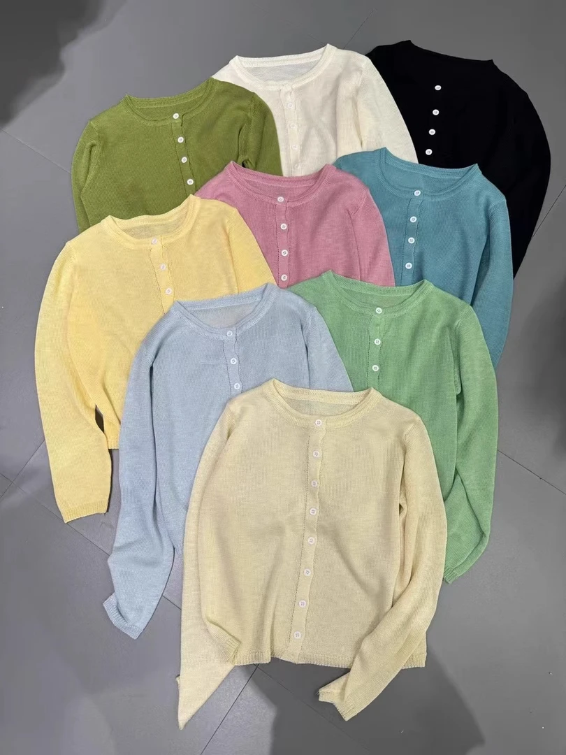 Z韩系单排扣时尚休闲百搭针织开衫女士春季显瘦简约长袖纯色上衣