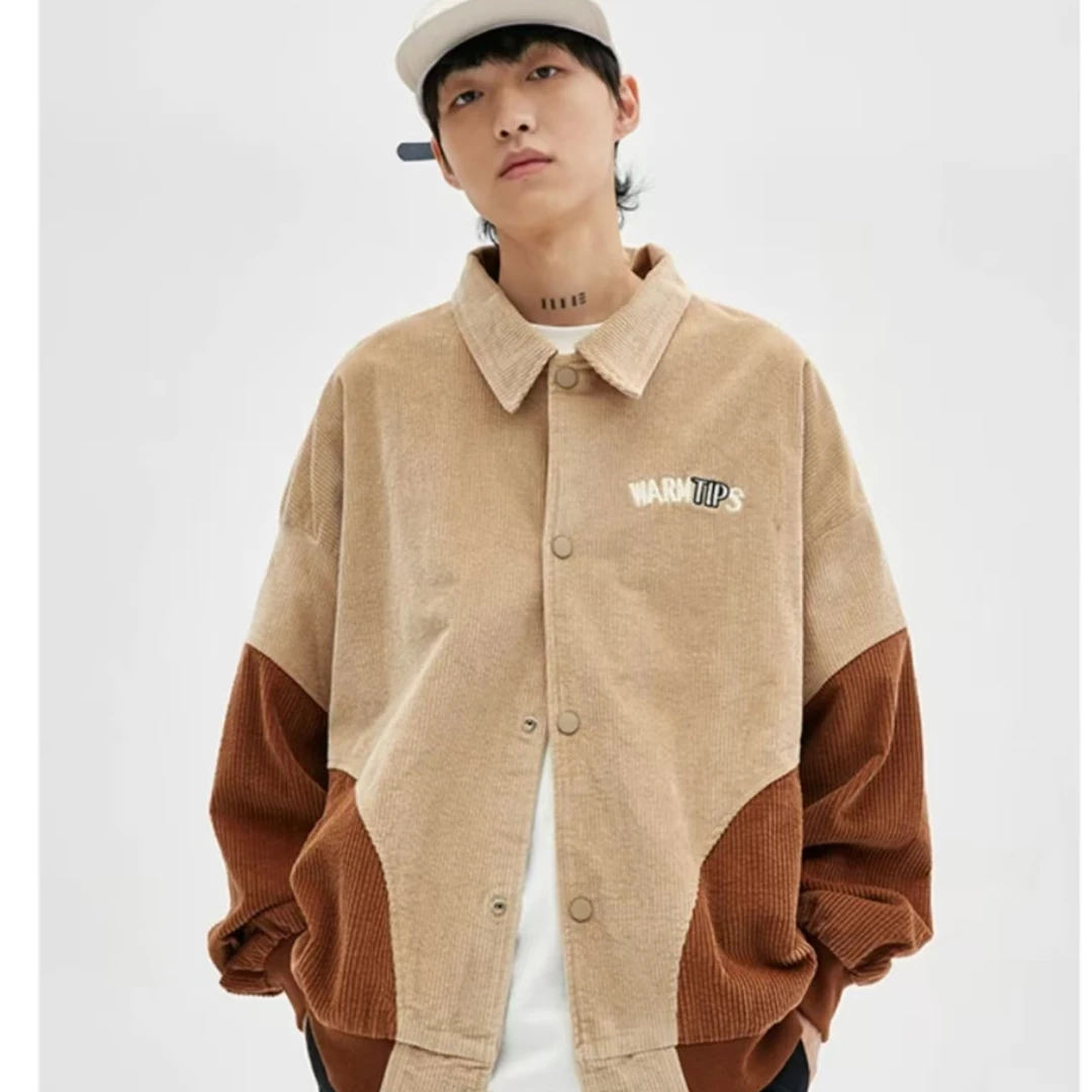 TD38春秋潮牌美式复古设计感拼色刺绣字母灯芯绒翻领夹克外套