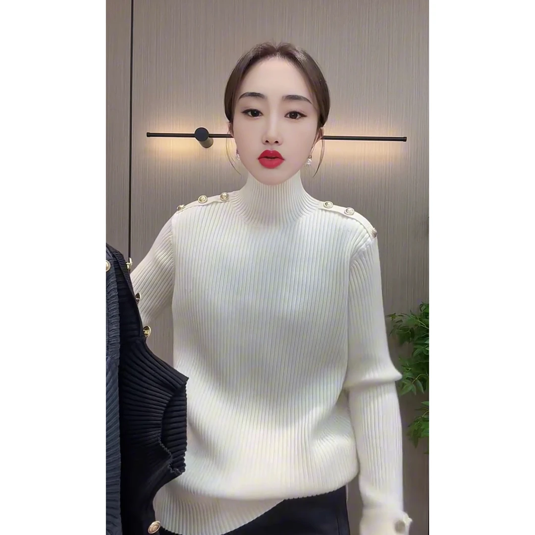 肩扣款半高领针织衫显瘦洋气百搭秋冬时尚针织衫打底衫毛衣针织衫
