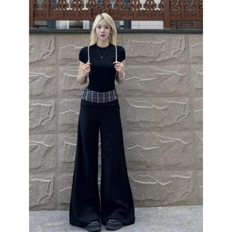 格子拼接黑色垂坠感阔腿西装裤女春季宽松显瘦美式微喇休闲长裤子