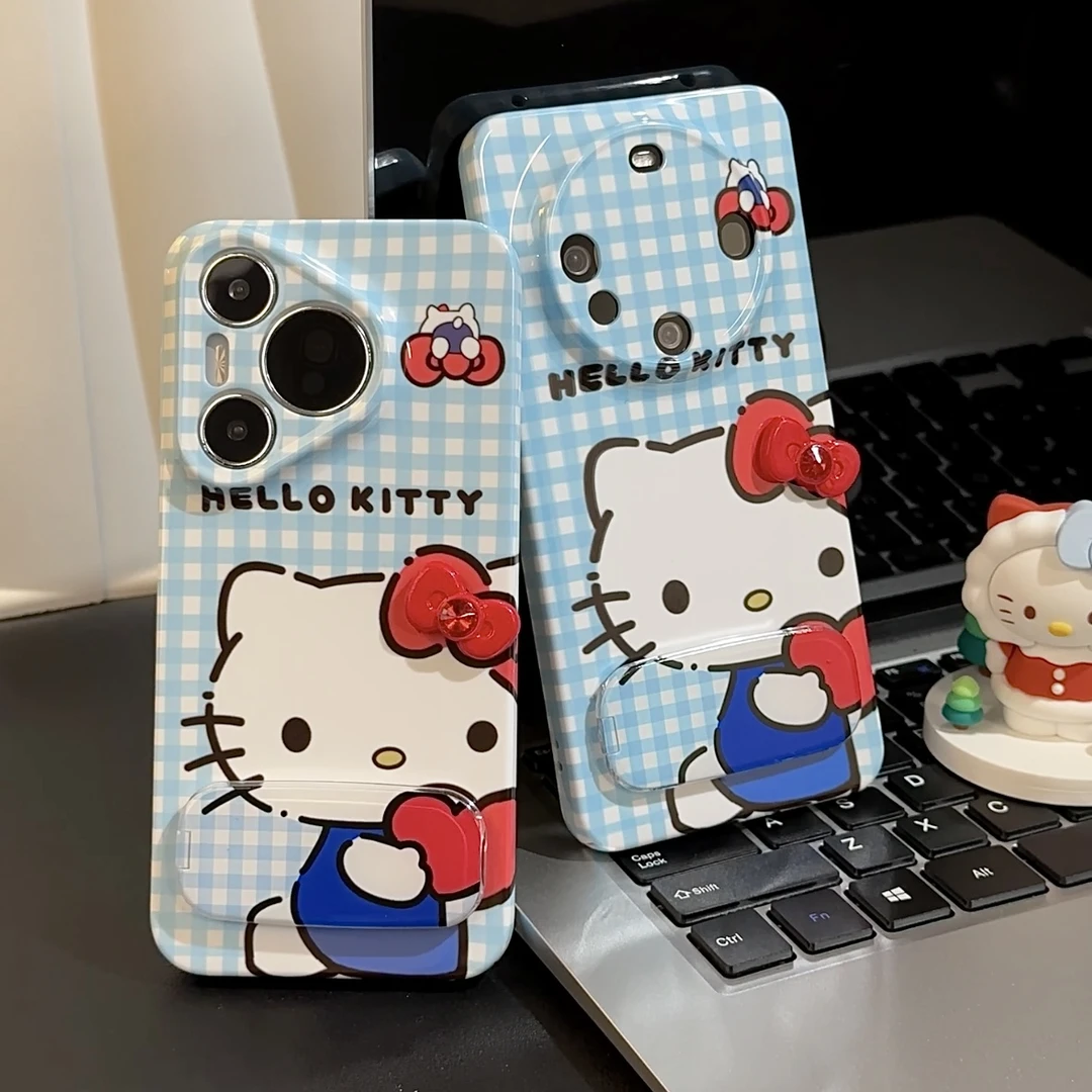 蓝色格纹爱心KT猫适用iPhone15苹果16手机壳华为P70vivoppo小米套