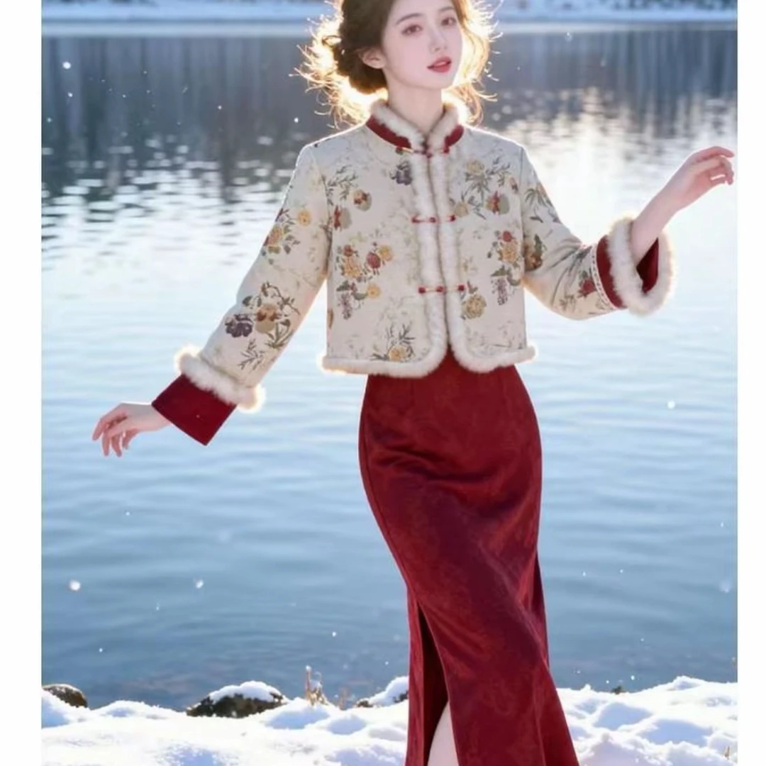 旗袍加绒加厚冬款小个子复古新中式国风旗袍马甲套装拜年服敬酒服