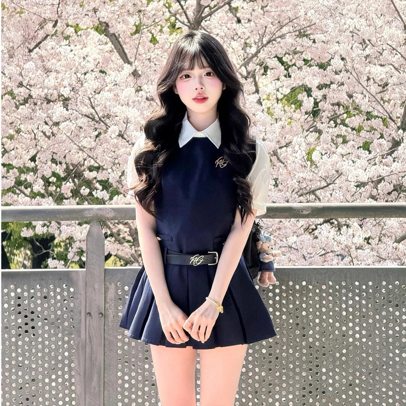 NANGOON 原创设计感百搭白色收腰衬衫短袖上衣无袖百褶连衣裙套装