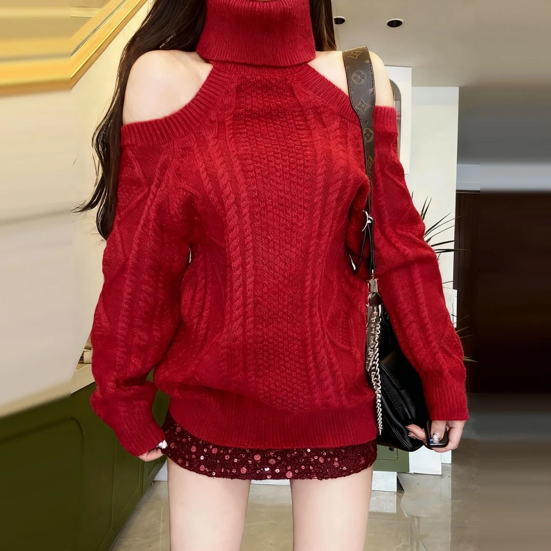 圣诞穿搭红色高领毛衣女秋冬2025新款慵懒高级感露肩针织内搭上衣