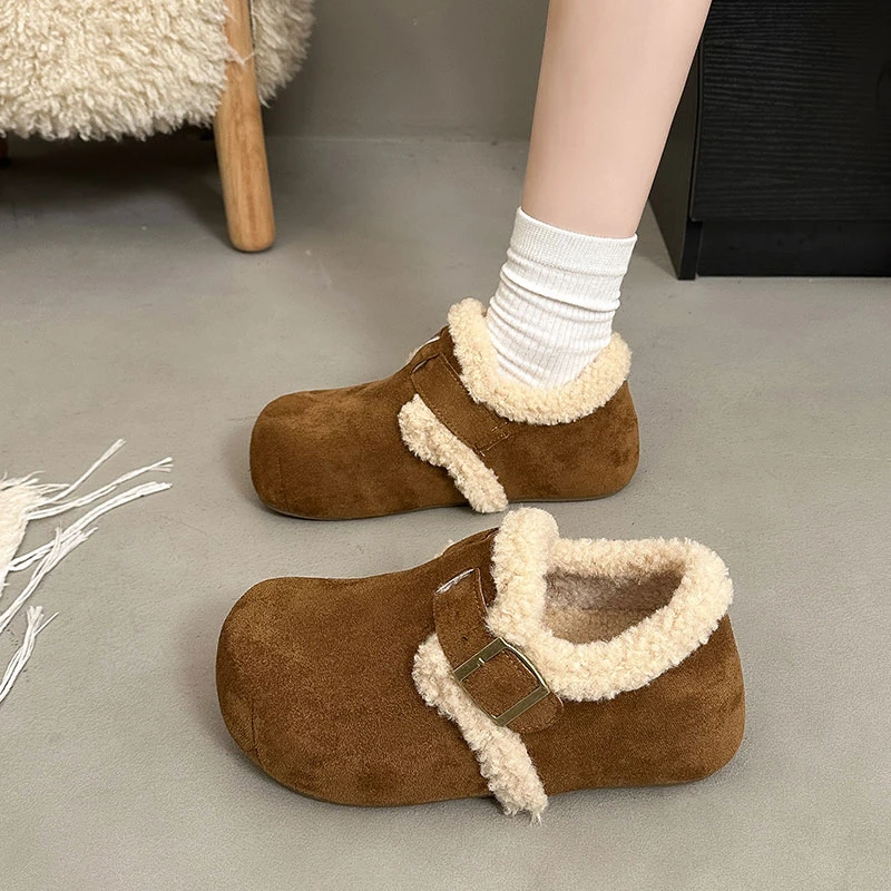 内增高勃肯鞋女2025冬季新款厚底加绒保暖棉鞋一脚蹬毛毛鞋乐福鞋