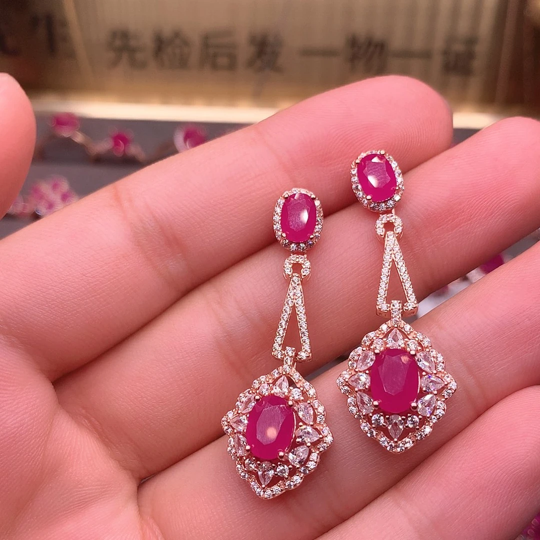 红宝石耳饰银S925镶嵌