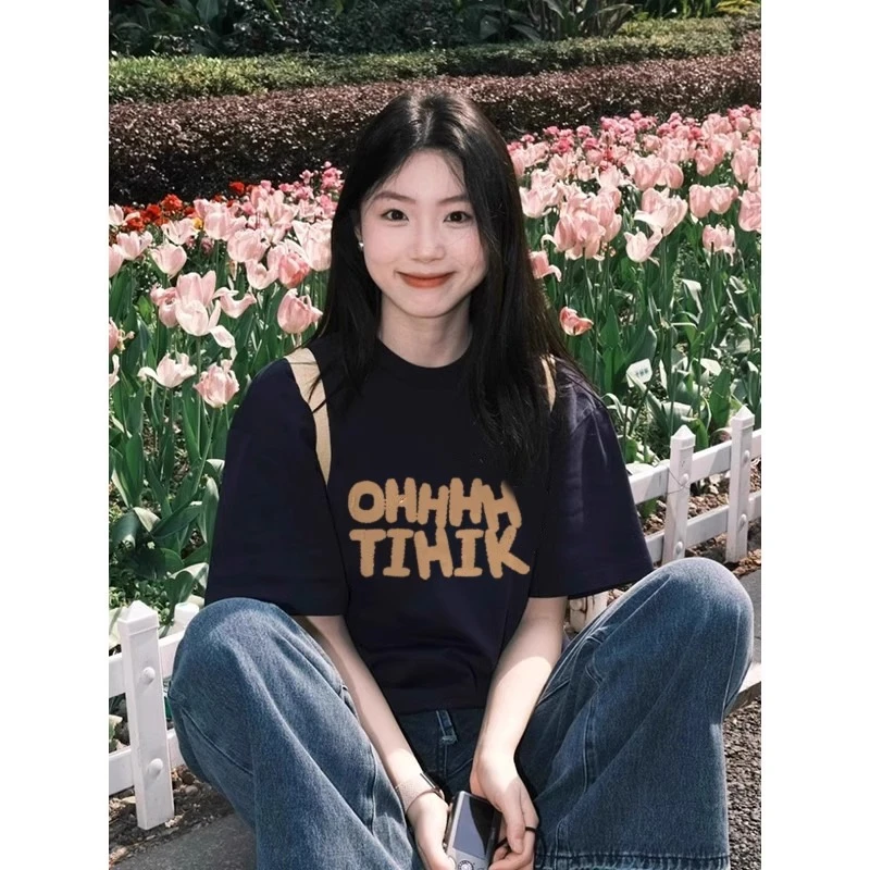 美式复古圆领印花短袖T恤女学生夏季休闲百搭oversize纯棉上衣ins