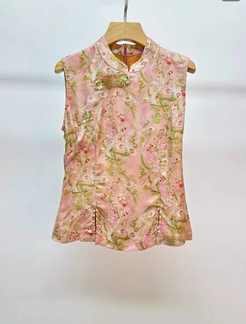 新中式国风提花粉色盘扣女2025夏季新款收腰减龄无袖衬衫上衣