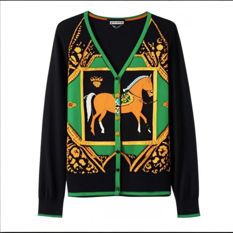 新2025春季时尚百搭桑蚕丝印花女士休闲长袖V领开衫-新12