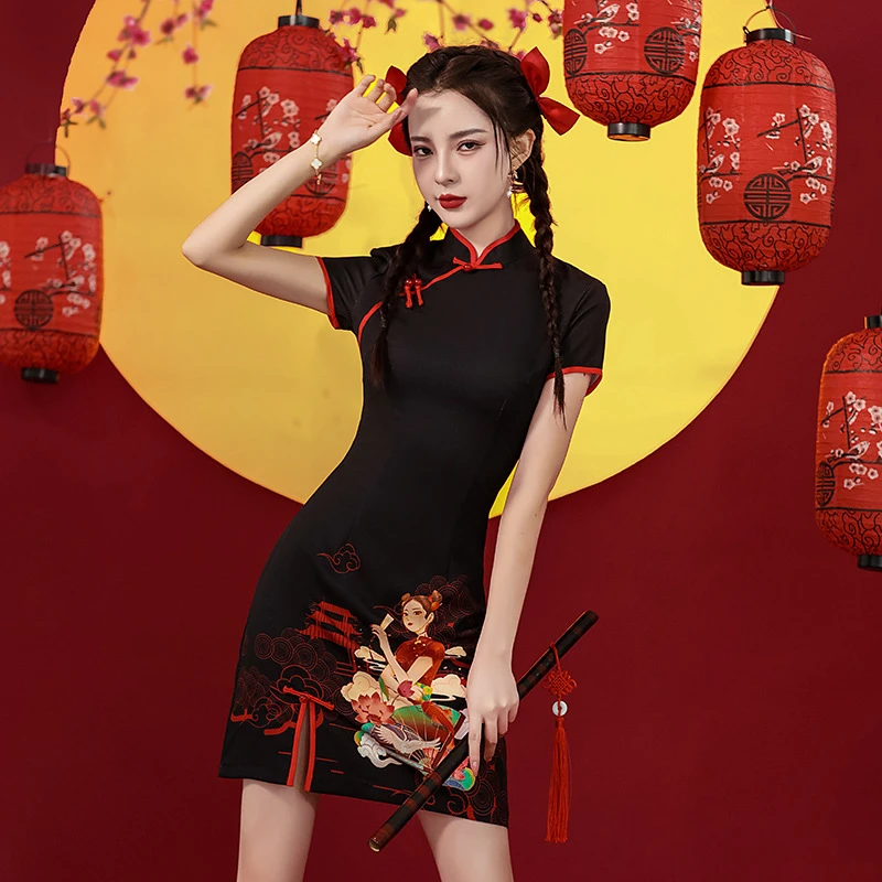 国潮旗袍2025年新款夏季年轻款少女改良黑色中国风小个子炸街短款