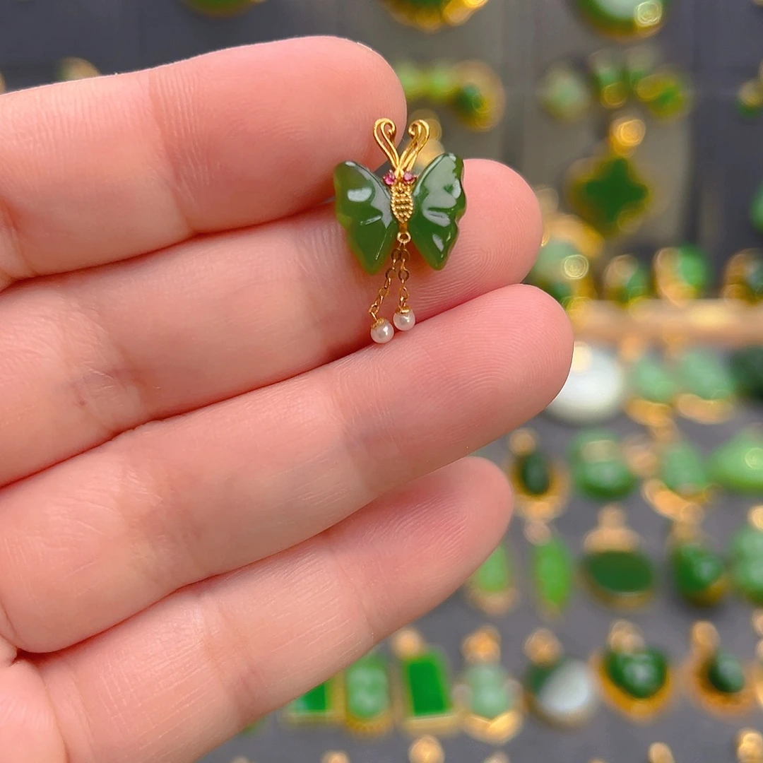 和田玉（碧玉）18K金镶嵌吊坠(不含链)