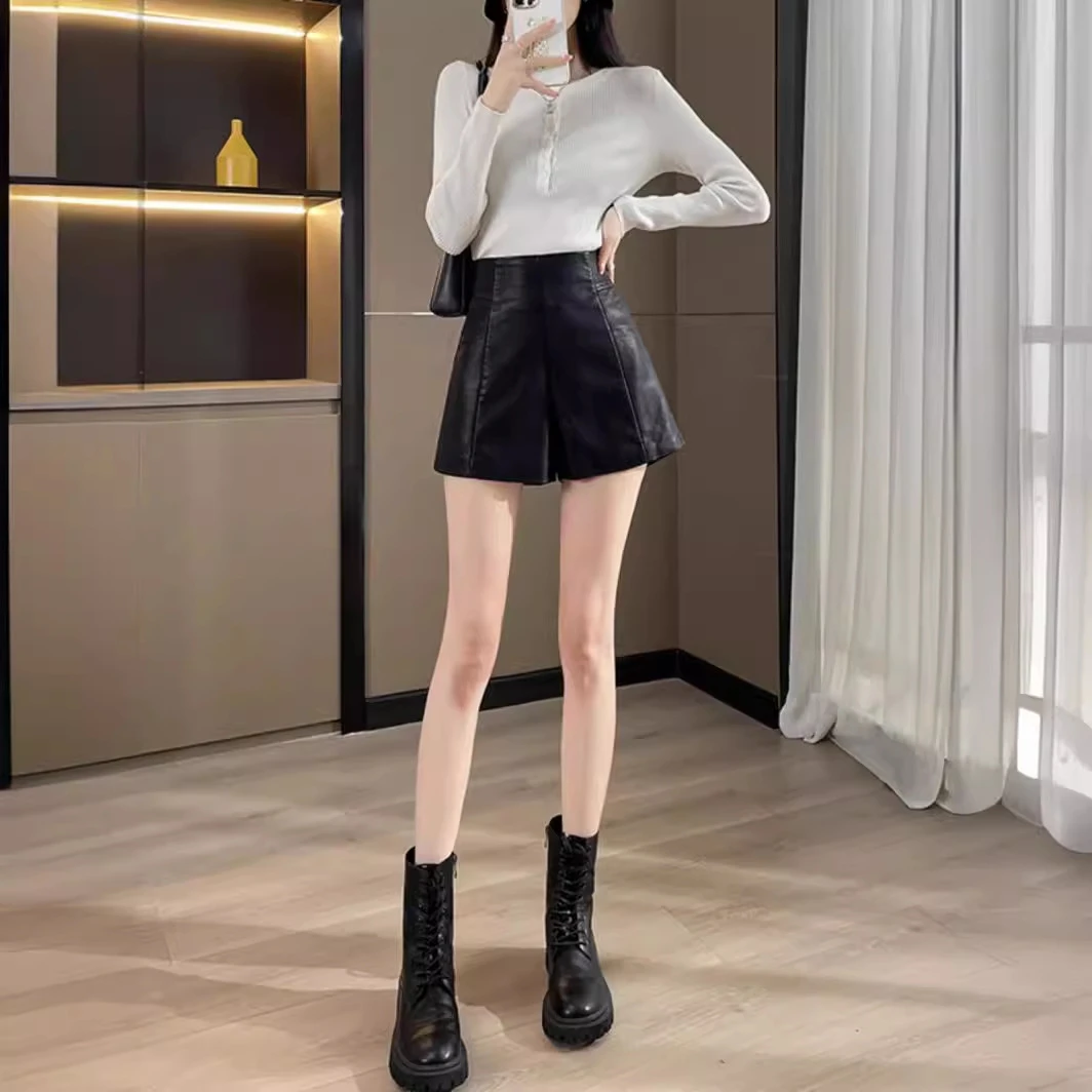 新款百搭显高高腰显瘦秋冬季阔腿裤时尚皮短裤字靴裤短裤韩版