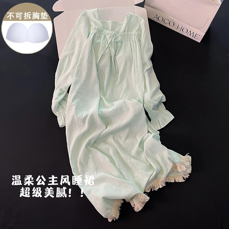 2025年春秋季新款睡衣睡裙女带胸垫长袖绿色宽松舒适小个子家居服
