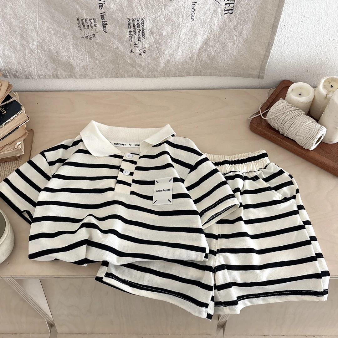 儿童2025韩版条纹连衣裙夏季学院兄妹装短袖短裤针织两件套姐弟装