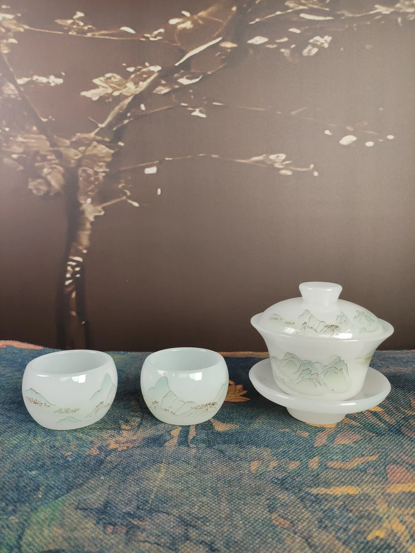 ZH2073-千里江山琉璃盖碗+两个千里江山琉璃杯