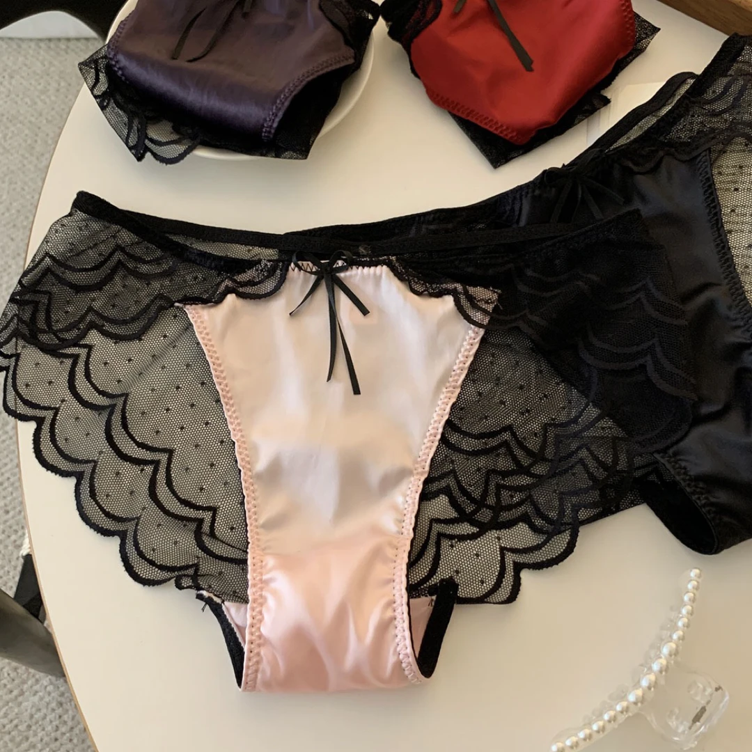 张雨绮同款蕾丝内裤套装女中腰性感三角裤缎面高级女式内衣裤头