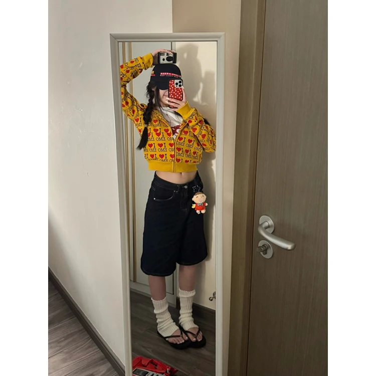 纯棉美式复古字母爱心长袖卫衣开衫男女春秋加绒宽松休闲潮流外套