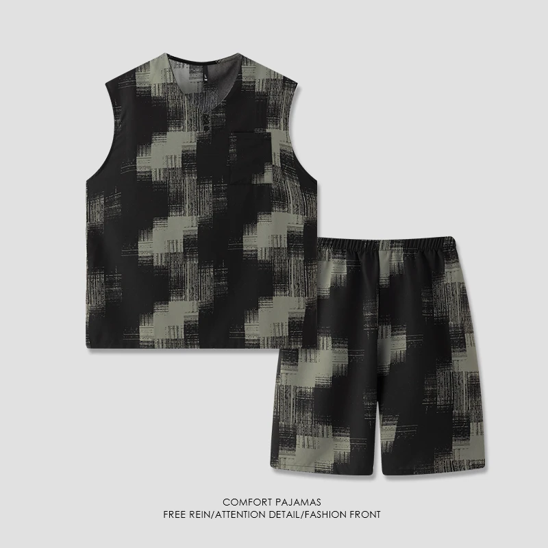 【好福份】冰爽丝夏季V领背心男款睡衣家居服套装抽象格-25203