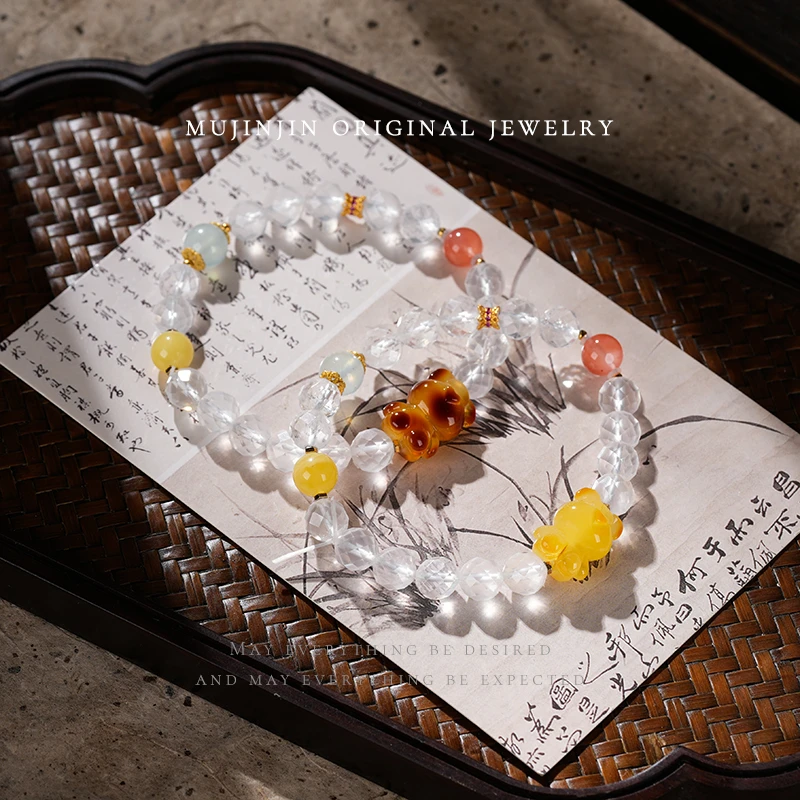 【木槿槿】天然白水晶蜜蜡小熊手链女款串珠手串QS2356多样性发一