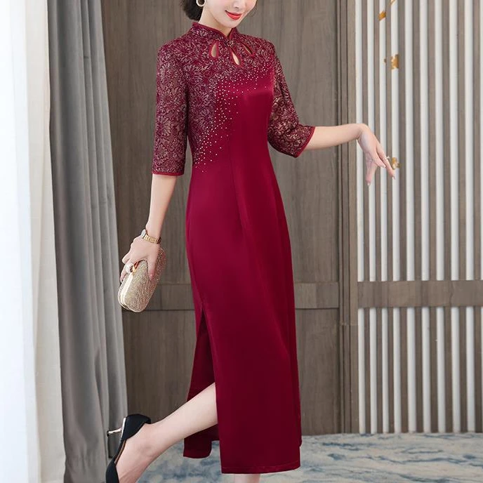 爆款宴会气质奢华妈妈婚宴装醋酸缎旗袍高端喜婆婆婚礼服高贵丈母