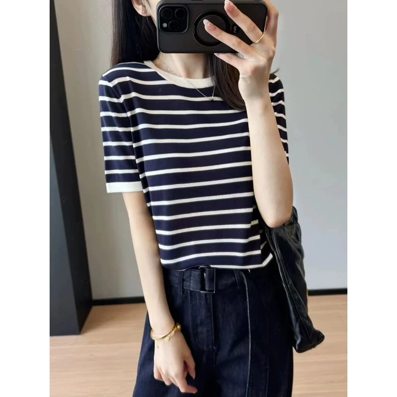 清凉一夏～薄如蝉翼轻如纱 裸肤感天丝羊毛减龄百搭条纹短袖